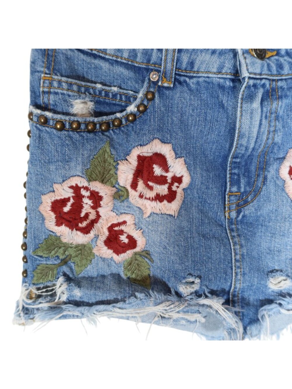 FREE PEOPLE Wild Rose Embroidered Distressed Studded Jean Mini Skirt Size 25 - Picture 3 of 6
